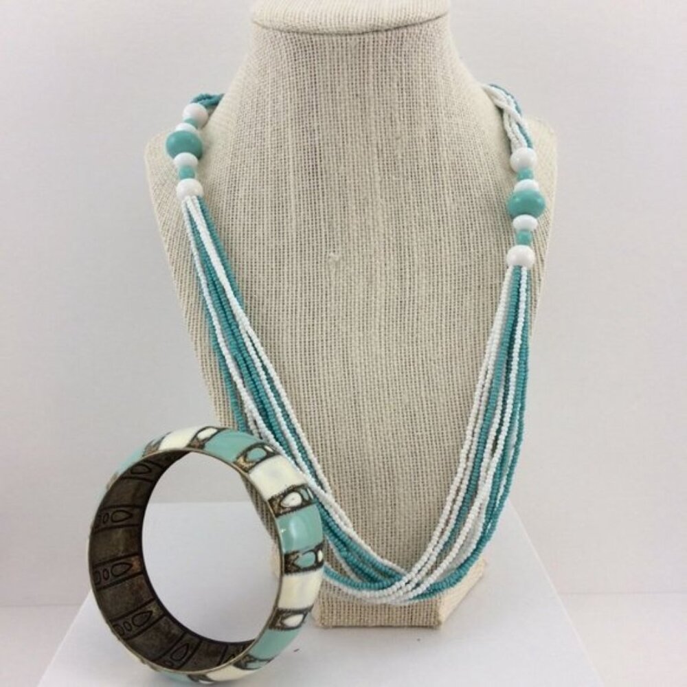 Blue and White Multi Strand Beaded Necklace with Metal Striped Bangle Bracelet